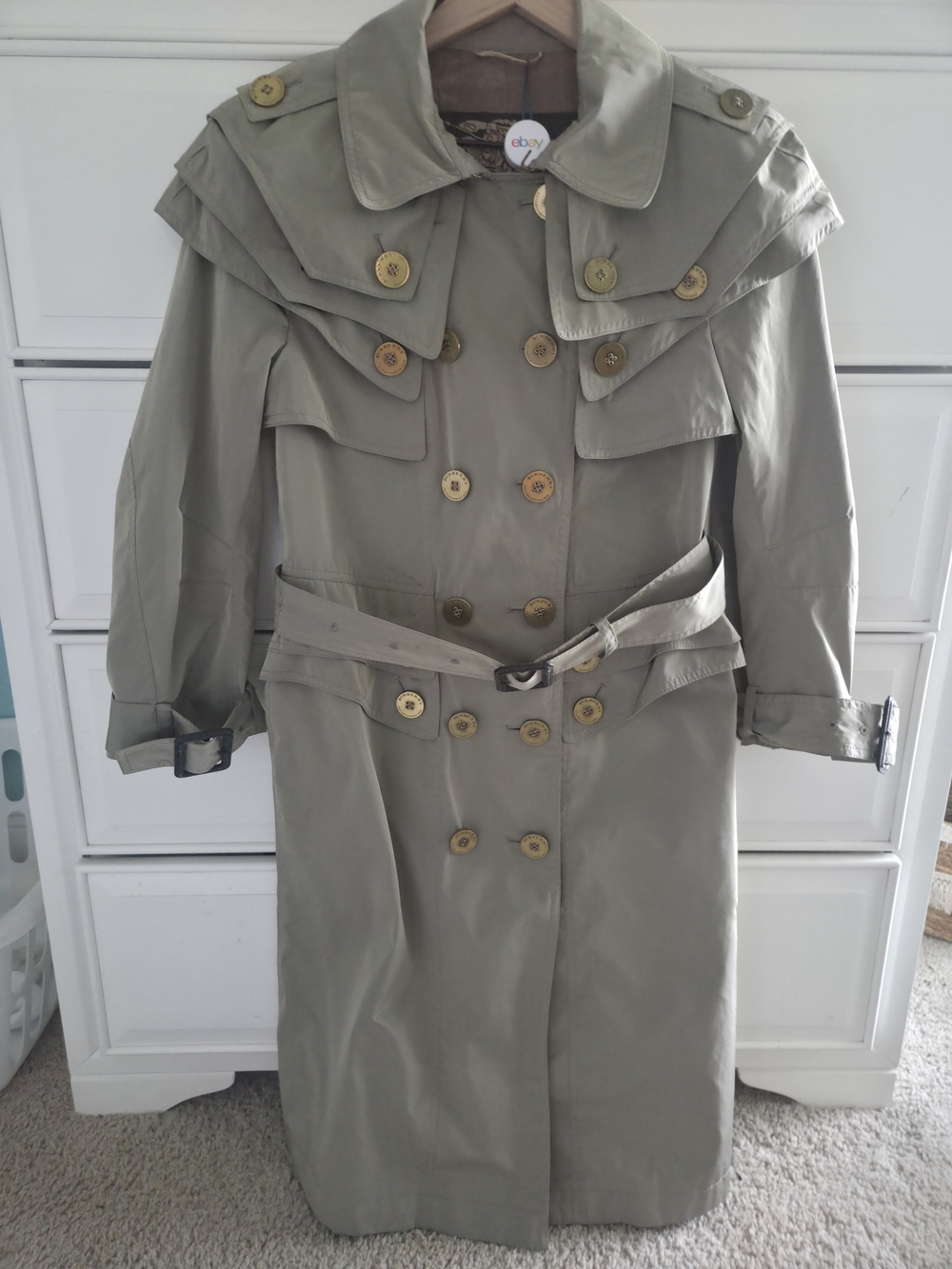 Burberry Khaki Green Double-Breasted Trench Coat with Belt and Epaulets